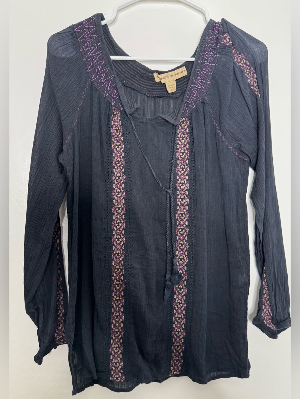 Vintage America Navy Tunic with Purple Embroidery boho peasant blouse size Md